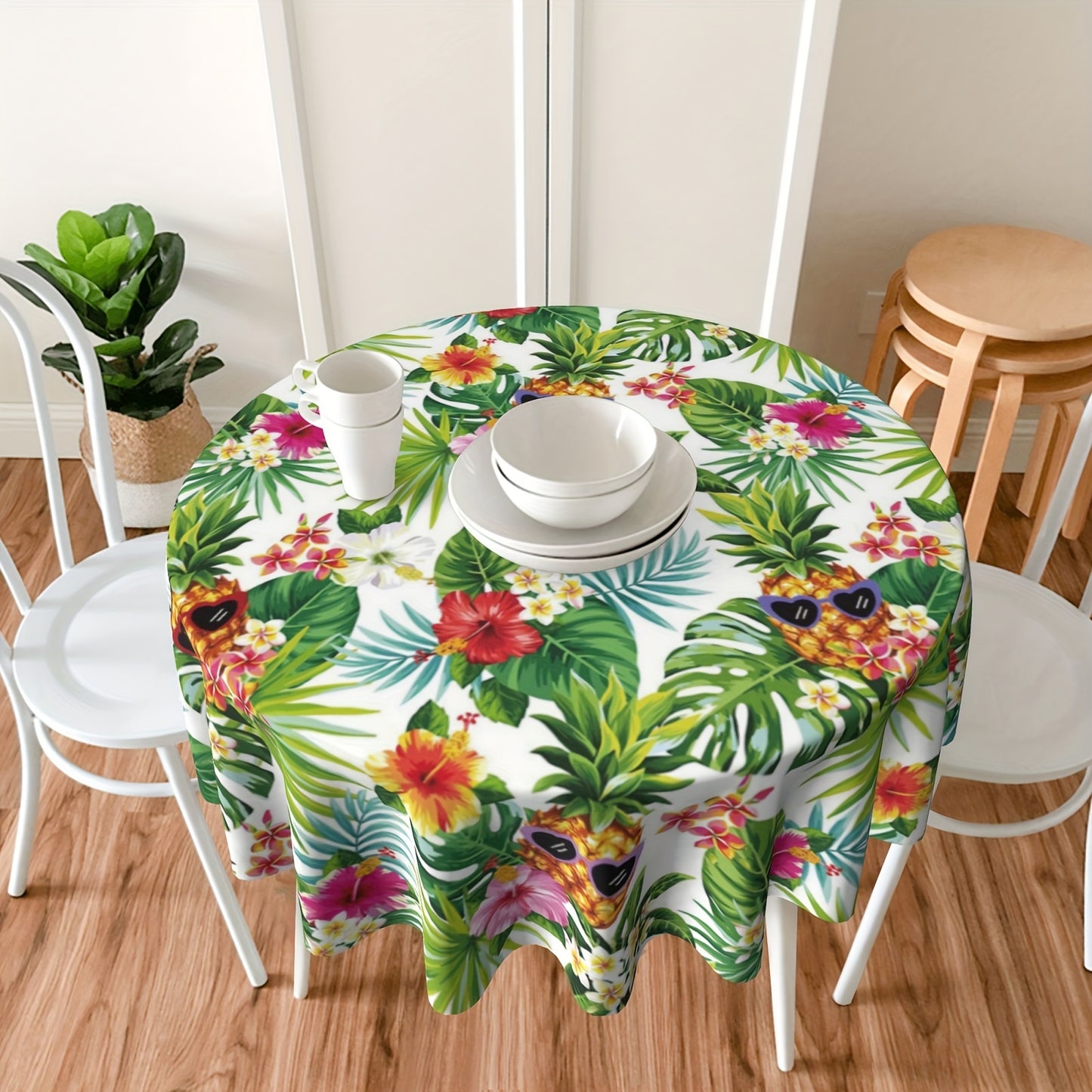 1pc Vibrant Hawaiian Pineapple Polyester Tablecloth - Waterproof, Stain-Resistant, Wrinkle-Free, Easy-Care Green Table Cover with Palm Leaves Design - Perfect for Home Kitchen Dining Party Decoration and Room Decor