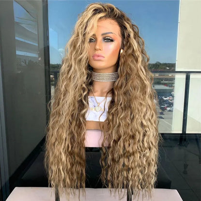 Free Style Water Wave Blonde Lace Front Wig Highlight Full Lace Human Hair Wigs for Women HD Transparent Synthetic Lace Closure Wig Preplucked