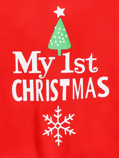 Infant Baby Unisex "My 1st Christmas" Alphabet Print Striped Long Sleeve Romper & Beanie Set - Cute Polyester Knit Fabric Outfit for Fall/Winter, For Outdoor