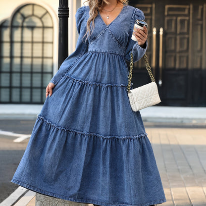Flattering Long Sleeve Denim Dress with Chic V Neck & Ruffle Hem - Premium Womens Wardrobe Staple