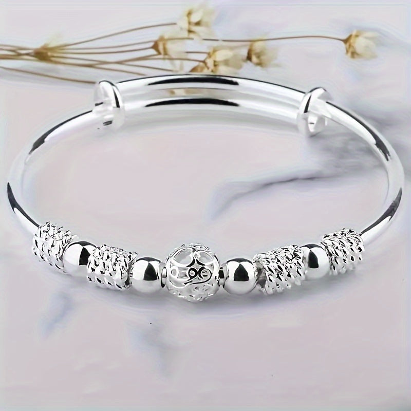1pcs Exquisite Titanium Steel Silver Plated Bead Bangle Bracelet - Durable, Hypoallergenic, and Water Resistant Jewelry Gift for Women - Perfect for Any Occasion