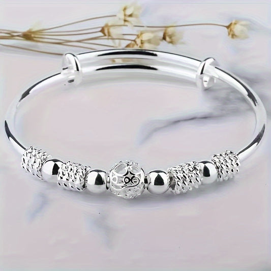 1pcs Exquisite Titanium Steel Silver Plated Bead Bangle Bracelet - Durable, Hypoallergenic, and Water Resistant Jewelry Gift for Women - Perfect for Any Occasion