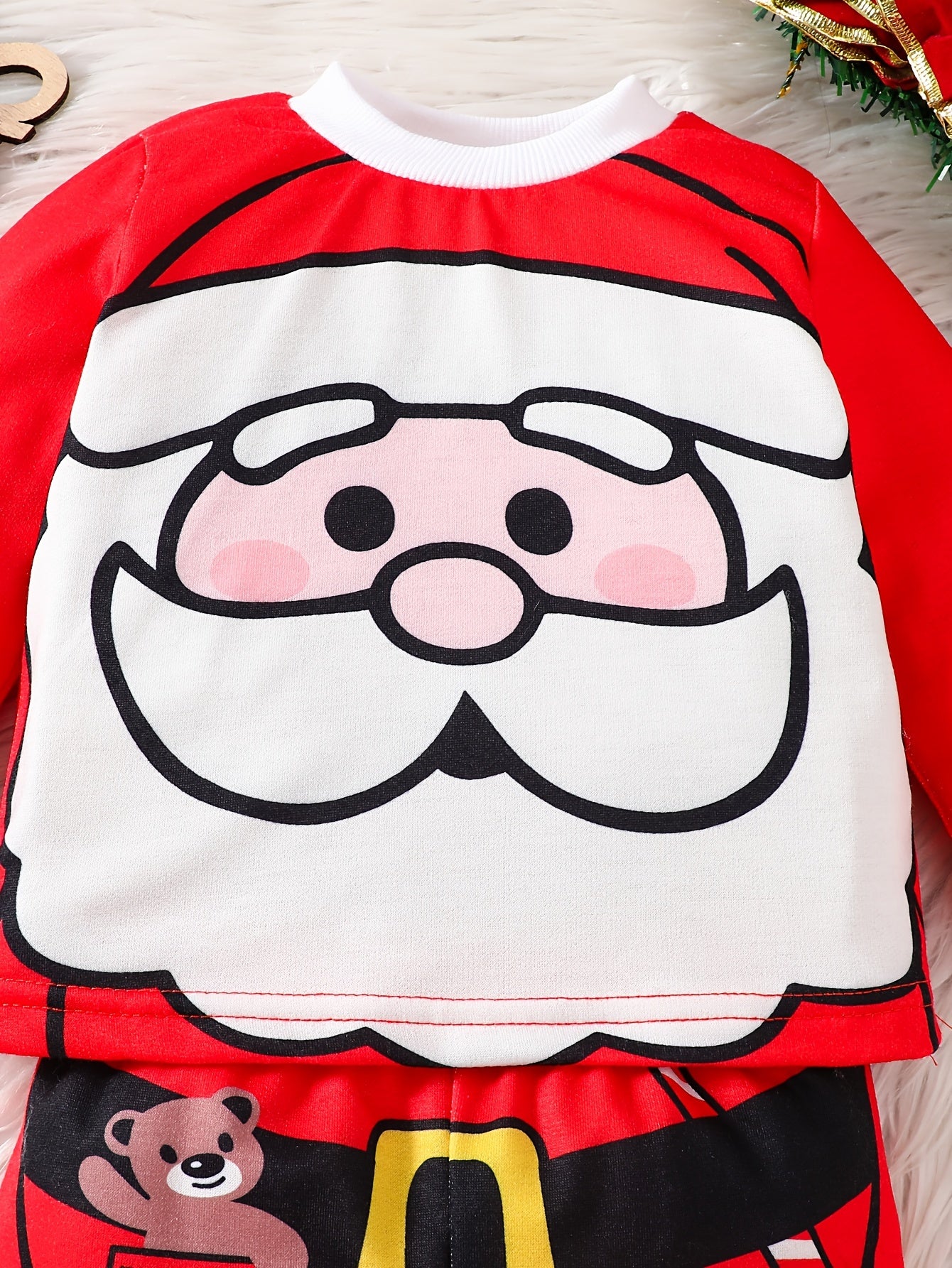 1set Infant Boys' Christmas Santa Print Long Sleeve Sweatshirt and Pants Set, Polyester and Spandex Blend, Round Neck, Regular Fit, Party Style, Knitted Fabric, Festive Holiday Outfit for Autumn/Winter, for Outdoor