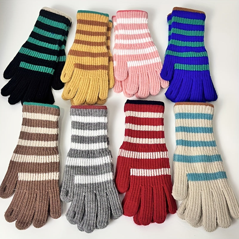 Striped Warm Knit Gloves, Touch Screen Wrist Cover Winter Windproof Gloves, Non-slip Outdoor Cycling Gloves For Students