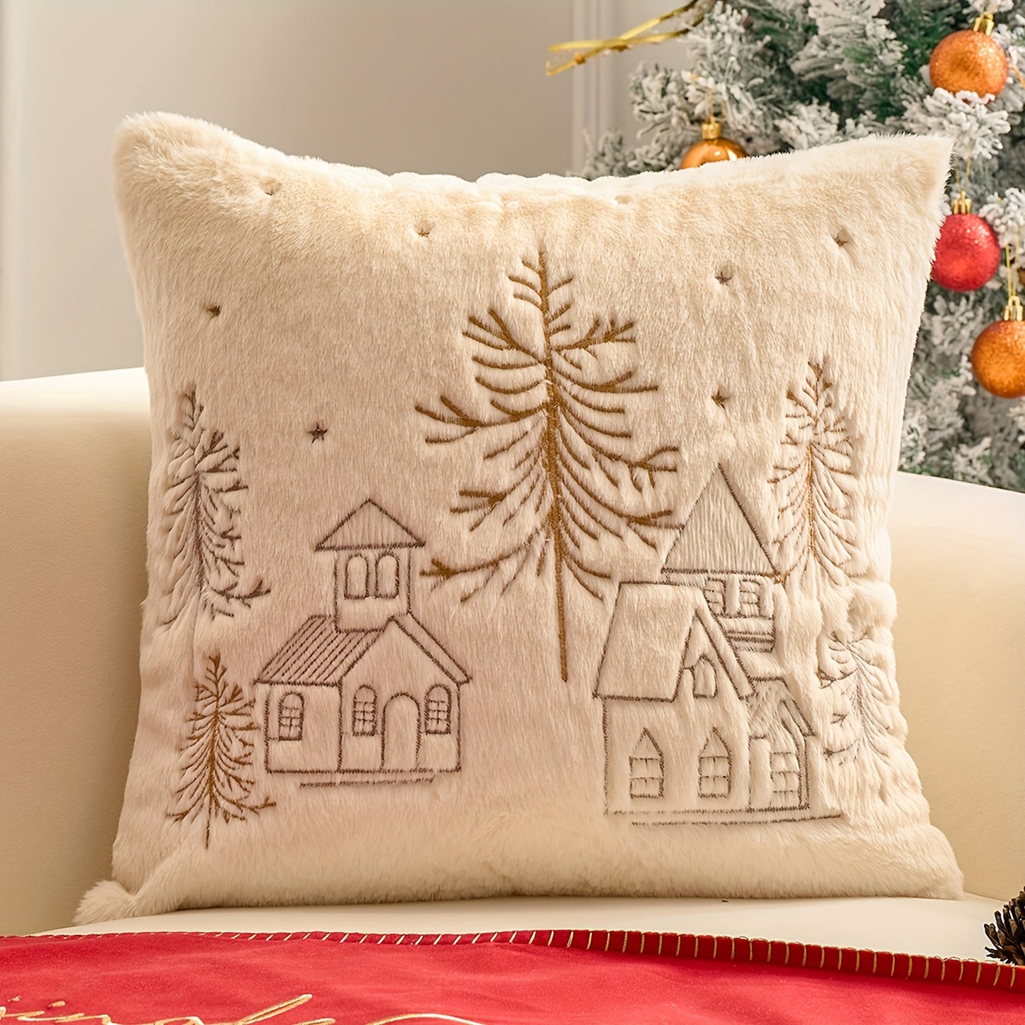 Christmas Embroidered Throw Pillow Cover - Festive Holiday Decor for Living Room & Bedroom, Zip Closure, Machine Washable, White