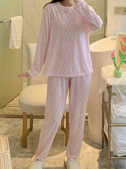 Womens Heart-Print Charm Pajama Set - Cozy Long Sleeve Crew Neck Top & Elastic Waistband Pants for Sweet Dreams & Lounging