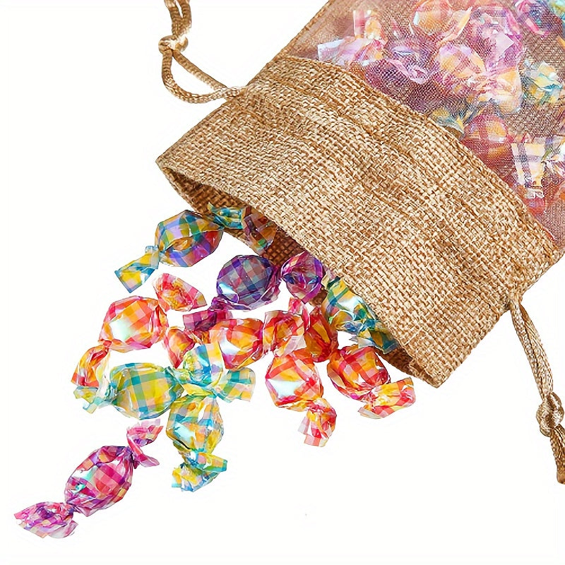 20pcs Transparent Window Gift Bag, Burlap Organza Splicing Drawstring Bag, Party Favor Supplies, Christmas & New Year Gift Wrapping And Storage Supplies