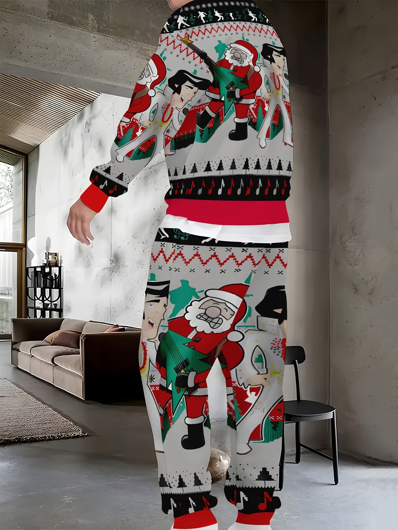 Men's Festive Christmas Outfit Set - Casual Long Sleeve Crew Neck Sweatshirt & Joggers with Santa Print, Machine Washable