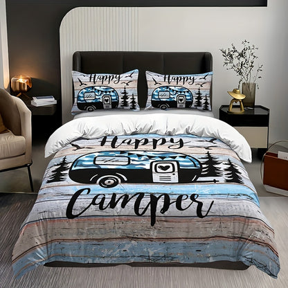 3pcs Camping Theme Duvet Cover Set, Fashion Forest Car Print Bedding Set, Soft Comfortable Duvet Cover, For Bedroom, Guest Room (1*Duvet Cover + 2*Pillowcase, Without Core)