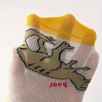 5 Pairs Of Boy's Trendy Dinosaur Pattern Thin & Mesh Breathable No Show Socks, Comfy Casual Soft Socks For Kid's Outdoor Activities