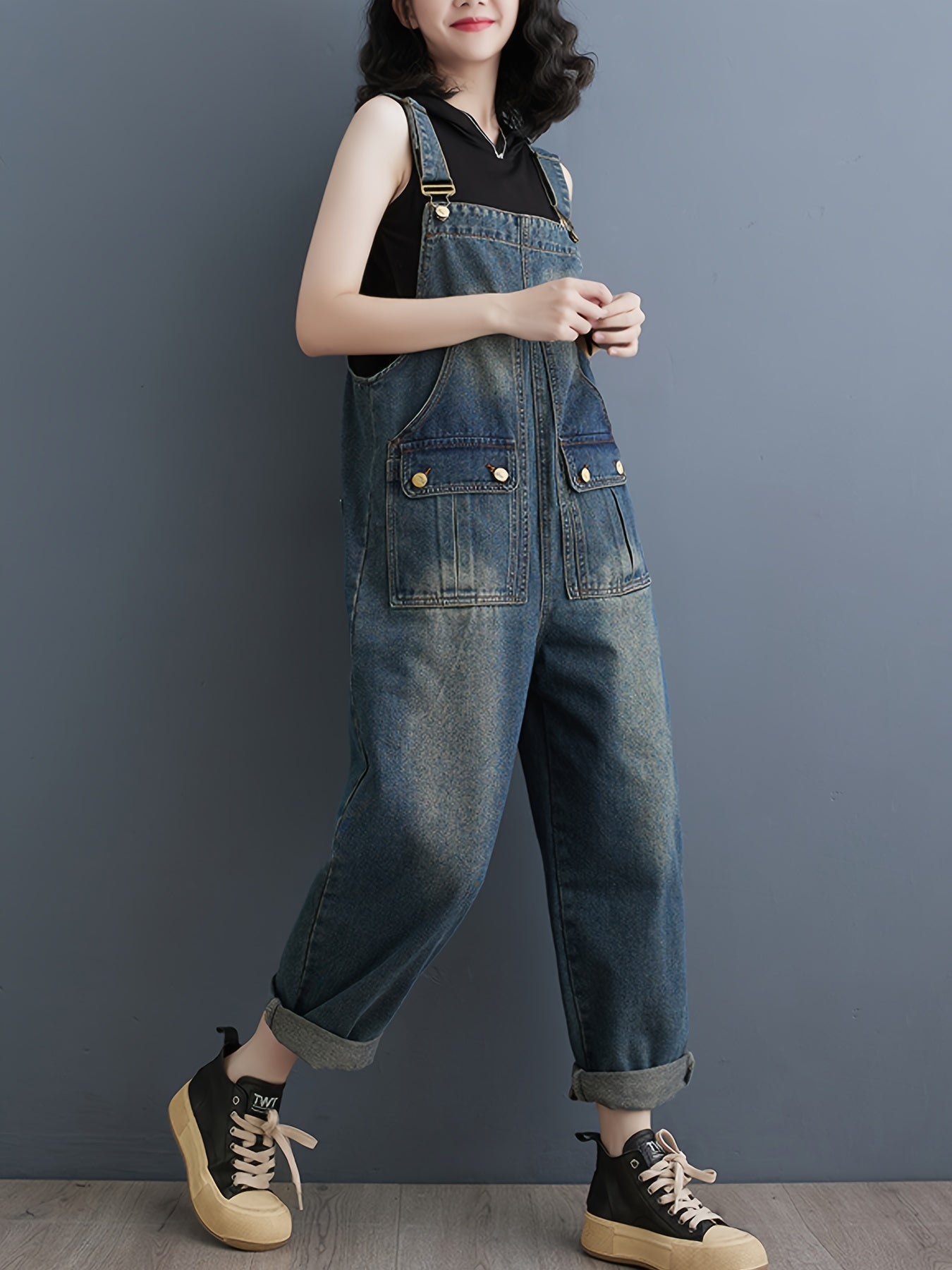 Women's Casual Distressed Denim Overalls, Loose Fit Adjustable Denim Jumpsuit With Pockets