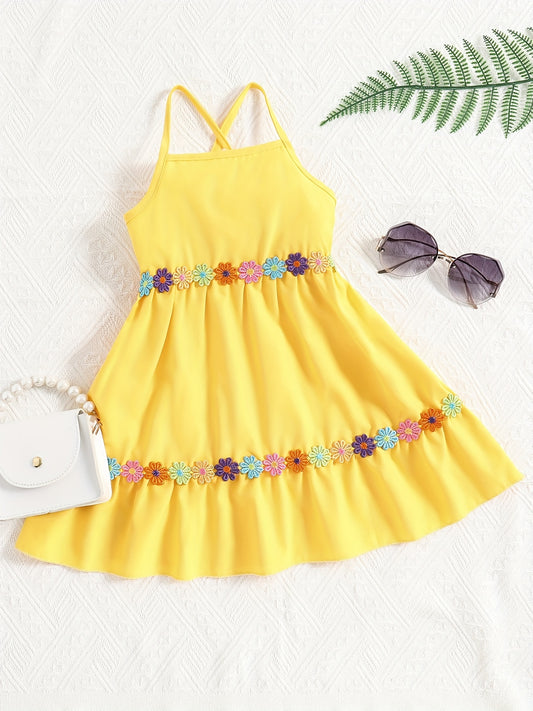 Toddler Girls Flowers Applique Ruffled Hem Cami Princess Dress For Party Beach Vacation Kids Summer Clothes