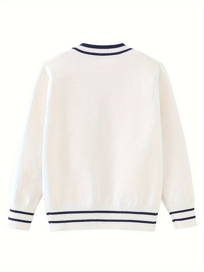 Boys Casual Preppy Style Uniform Knit Cardigan Sweater, Long Sleeve Tops, Boys Clothing Outdoor