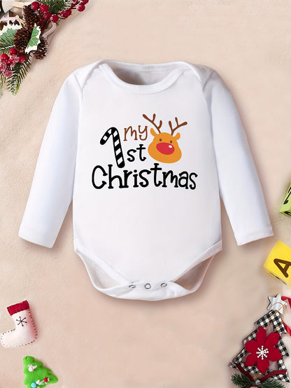 My 1st Christmas" Cute Long-Sleeve Onesie for Boys & Girls - Cozy Polyester, Festive Letter Print, Perfect for Fall/Winter, Perfect for Outdoor