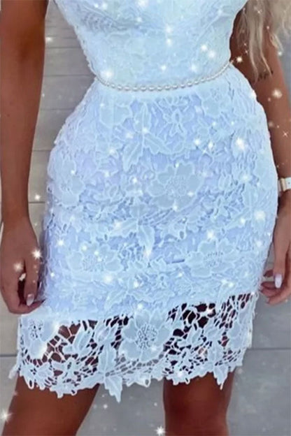 namcoverse Lace Elegant Pearl Strap Mini Dress