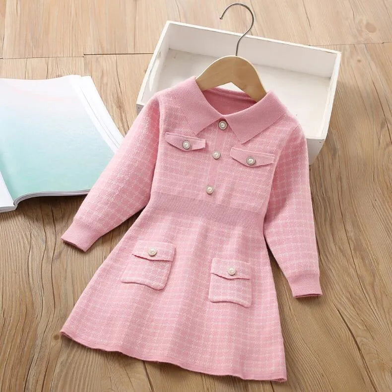 Spring Autumn Baby Girls Princess Dress Kids Knitted Turn-Down Collar Dresses Children Long Sleeve Dress With Pockets