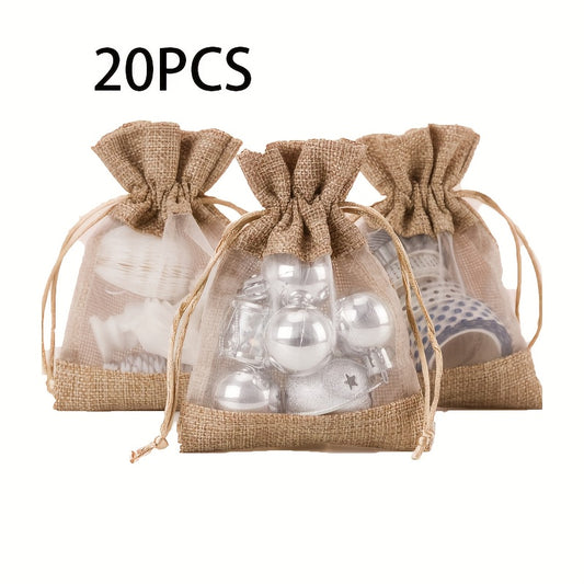 20pcs Transparent Window Gift Bag, Burlap Organza Splicing Drawstring Bag, Party Favor Supplies, Christmas & New Year Gift Wrapping And Storage Supplies