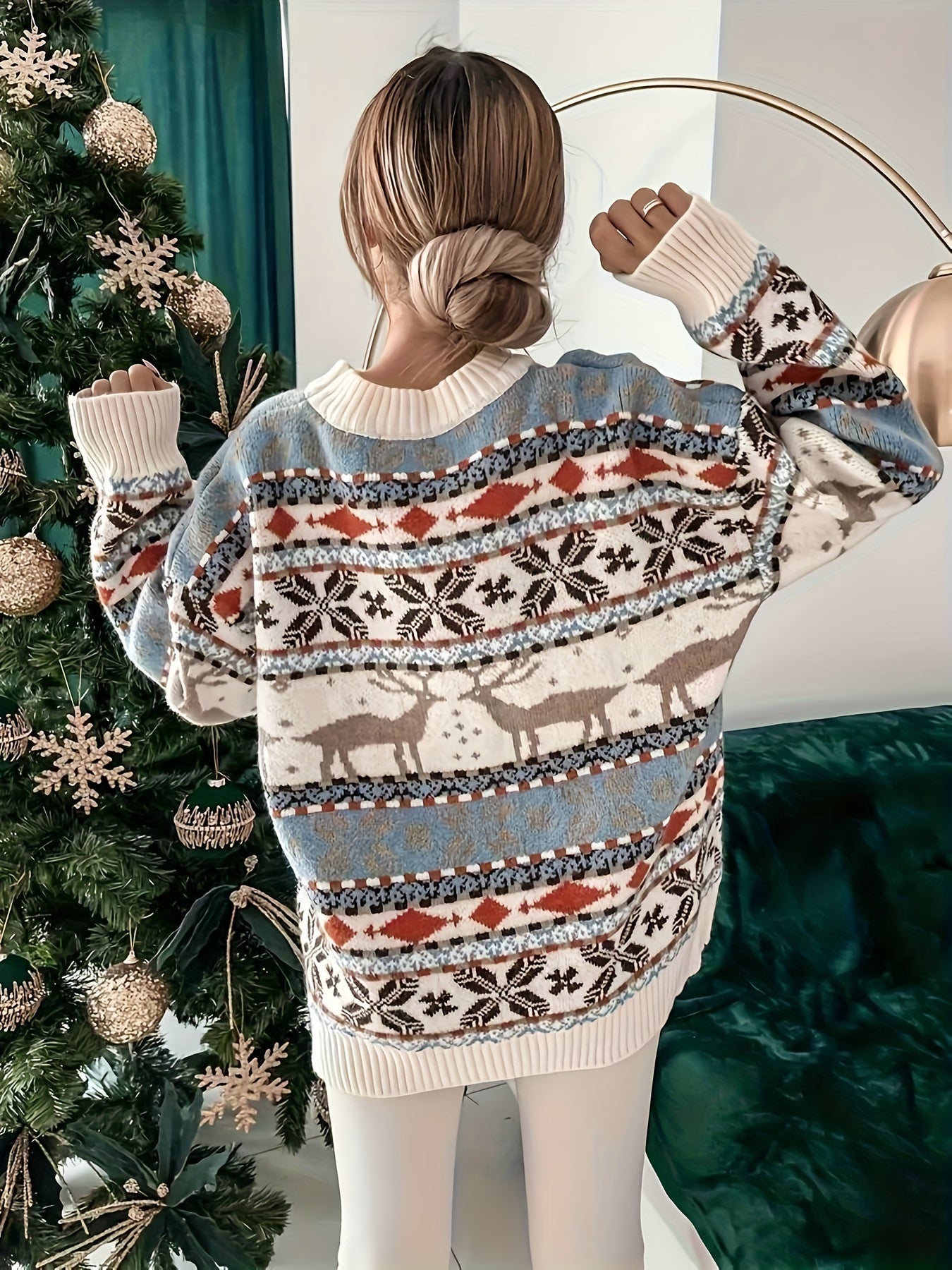 Cozy Christmas Reindeer Geometric Pattern Sweater - Casual Crew Neck, Long Sleeve Pullover for Women