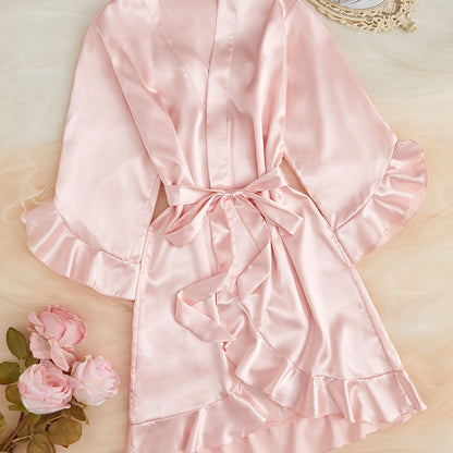 Elegant All-Season Satin Night Robe with Ruffle Detail, V-Neck & Long Sleeves – Luxurious Comfort with Belt, Easy-Care Women's Sleepwear