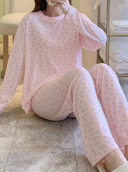 Womens Heart-Print Charm Pajama Set - Cozy Long Sleeve Crew Neck Top & Elastic Waistband Pants for Sweet Dreams & Lounging