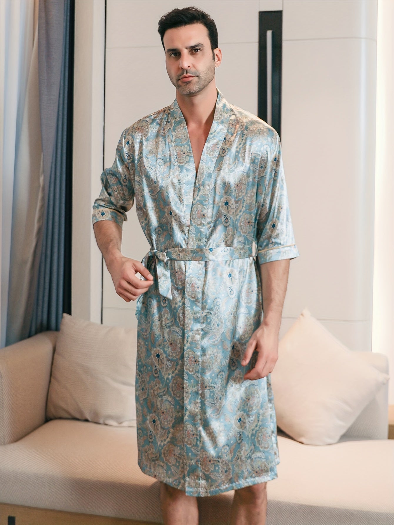 Men's Ice Silk Comfy Robe, Lightweight Long Sleeve Robe With Fashion Print, Loose Lounge Wear & Sleepwear For All Seasons Wearing