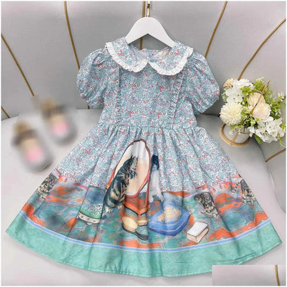 Girls Dresses 23Ss Princess Dress Short-Sleeved Kids Designer Clothes Lapel Lattice Splicing Belt Shirtdress Big Shirt Skirts Drop Del Dhnu8