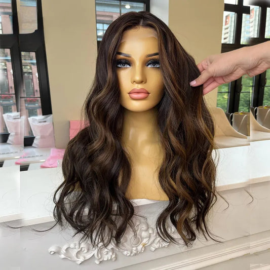 Brazilian Hair Brown Highlight Body Wave Lace Front Wigs 360 Full Lace Frontal Wig 200 Density HD Synthetic Lace Front Wig for Women