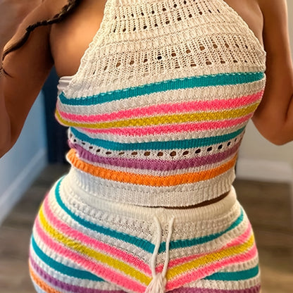 Chic Y2K Striped Set: Halter Top & Drawstring Shorts, Durable & Comfortable, Spring/Summer Essential