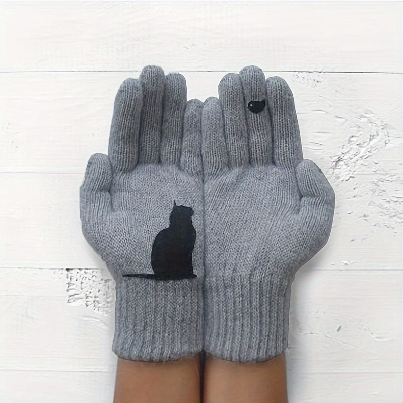 Niche Chic Cat Print Knit Gloves Short Thickened Warm Split Finger Gloves Autumn Winter Coldproof Windproof Gloves