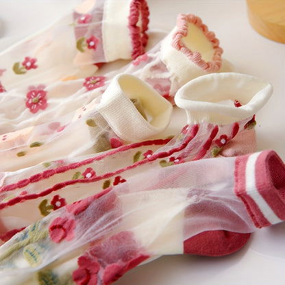 3/5 Pairs Of Teenager's Cute Low-cut Ankle Socks, Ultra-thin Silk Sweet Bear & Floral Design, Soft Comfy Cotton Blend Socks For Summer