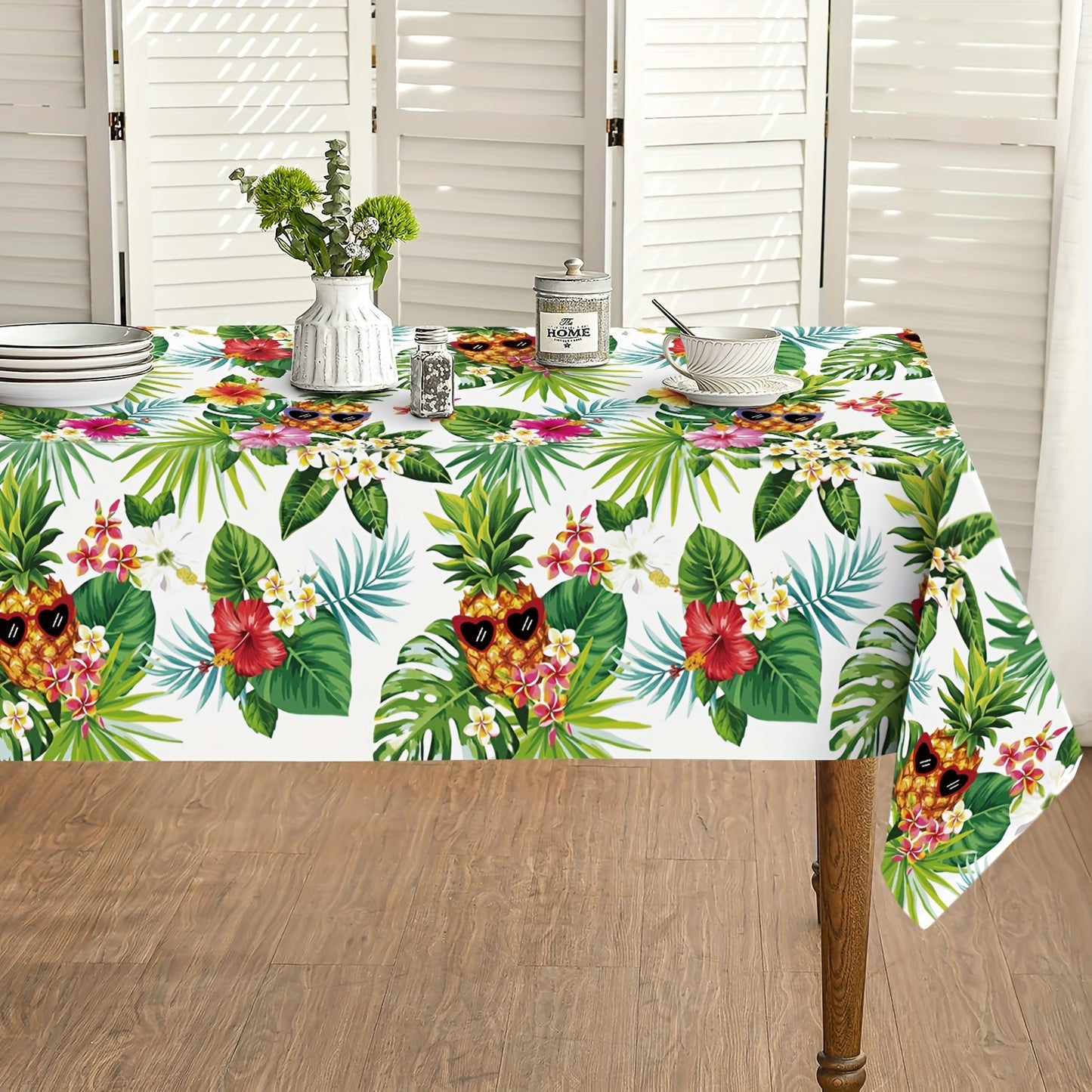 1pc Vibrant Hawaiian Pineapple Polyester Tablecloth - Waterproof, Stain-Resistant, Wrinkle-Free, Easy-Care Green Table Cover with Palm Leaves Design - Perfect for Home Kitchen Dining Party Decoration and Room Decor