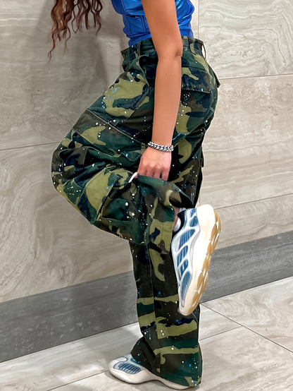 Comfortable Women's Camo Print Straight Leg Pants - Outdoor Recreation Hiking Trousers with American Retro Style, High Street Fashion, and Relaxing Fit for Casual Daily Wear