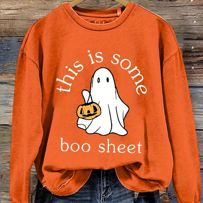 Spooky Ghost Print Long Sleeve Crew Neck Sweatshirt - Women's Fashion Sweatshirts - Soft, Casual, Comfortable, Halloween-Themed Apparel for Ladies