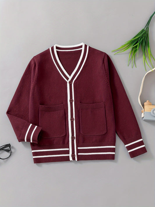 Boys Casual Preppy Style Uniform Knit Cardigan Sweater, Long Sleeve Tops, Boys Clothing Outdoor