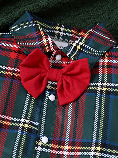 2pcs Baby's Christmas Style Plaid Pattern Bodysuit & Casual Cartoon Elk Print Overalls, Toddler & Infant Boy's Clothing Set, Outdoor Cloth