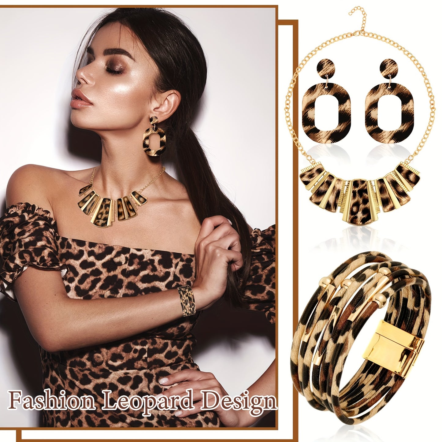 Chic 5pcs Leopard Print Jewelry Set For Women - Includes Clutch, Earrings, Leather Wrap Bracelets & Tassel Necklace Earrings For Women Jewelry For Women