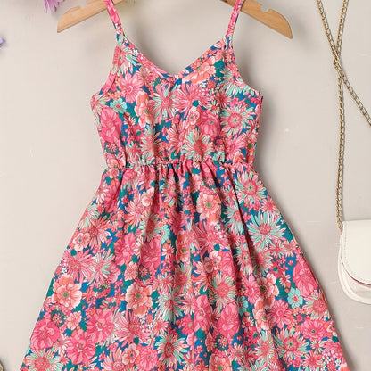 Girls' Summer Floral Sundress - Easy-Care, Durable Fabric with Casual V-Neck & Elastic Waist