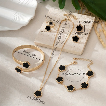 1 Pair Stud Earrings + 1 Pc Necklace + 1 Pc Bracelet + 1 Pc Bangle + 1 Pc Ring - Lucky Flower Design Alloy Jewelry Set for Women - Trendy Female Gift with Elegant Style and Durable Quality