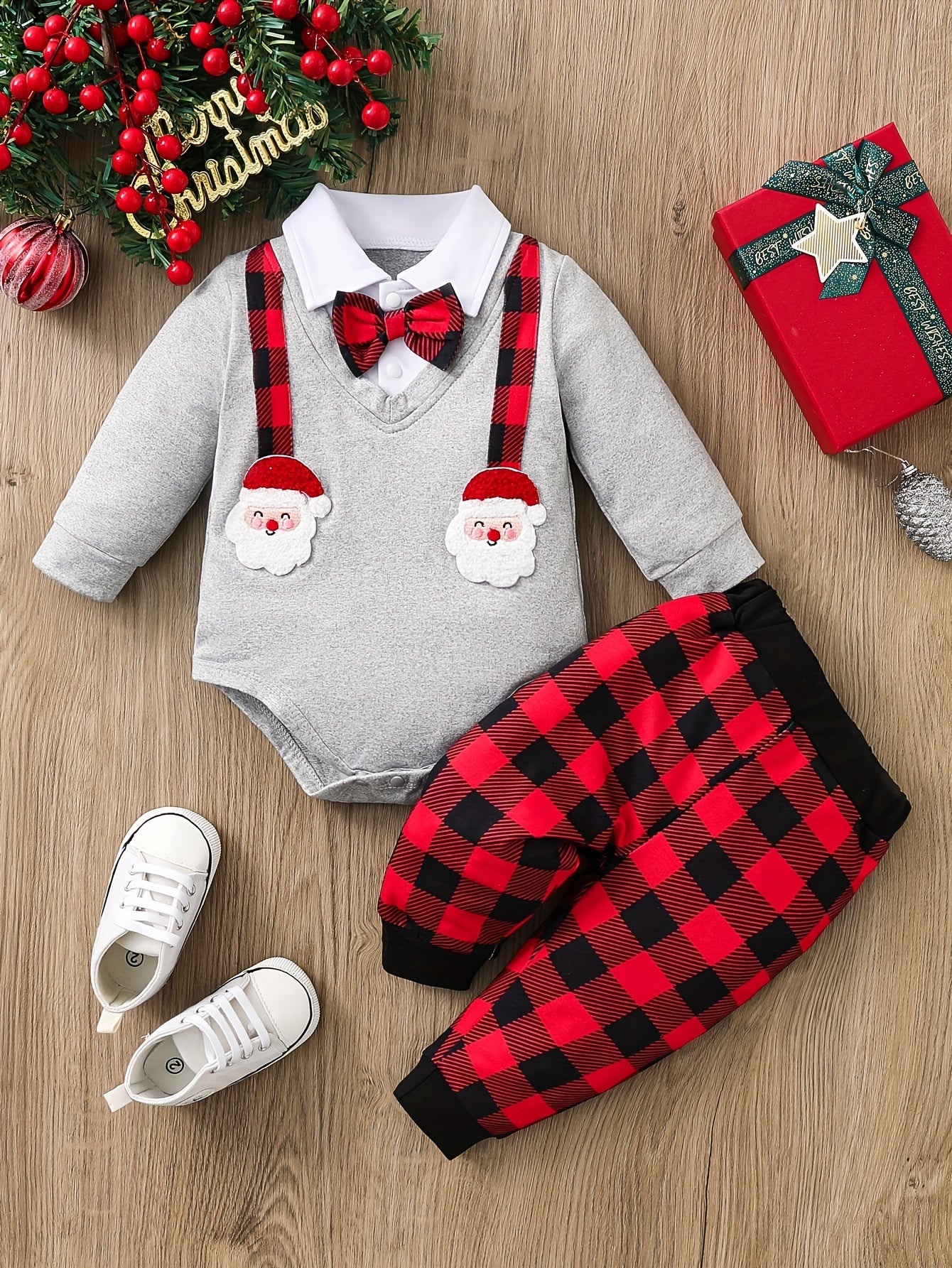 Christmas Baby Boy 2-Piece Outfit - Cute Santa Claus Pattern Long Sleeve Collar Onesie And Plaid Pants Set, Fall/Winter