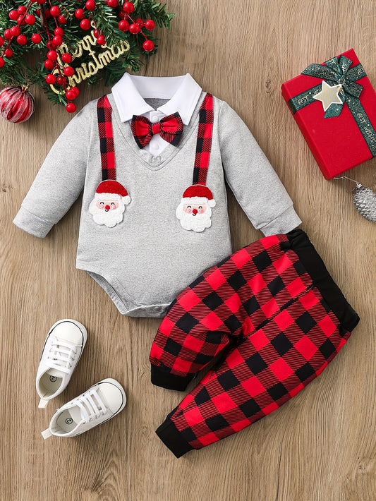 Christmas Baby Boy 2-Piece Outfit - Cute Santa Claus Pattern Long Sleeve Collar Onesie And Plaid Pants Set, Fall/Winter