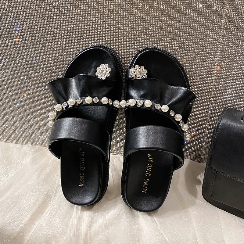 Sandals women's new summer platform soles wear pullover pearl rhinestone ruffles plus size women's shoes black