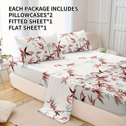 4pcs Luxurious Bamboo Leaf Print Fitted Sheet Set - Soft, Breathable, Comfortable, Hypoallergenic Bedding for Bedroom, Guest Room - 1 Flat Sheet, 1 Fitted Sheet, 2 Pillowcases, No Core Included, Easy Care, Wrinkle-Resistant, and Fade-Proof