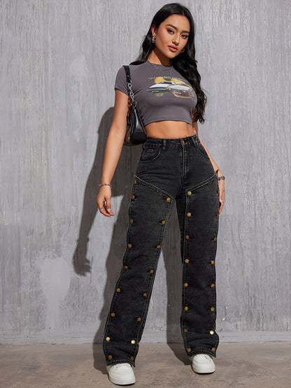 Womens High-Rise Street Chic Jeans - Non-Stretch Hip Hop Cargo Pants with Removable Buttons & Practical Pockets - Denim Workwear Style