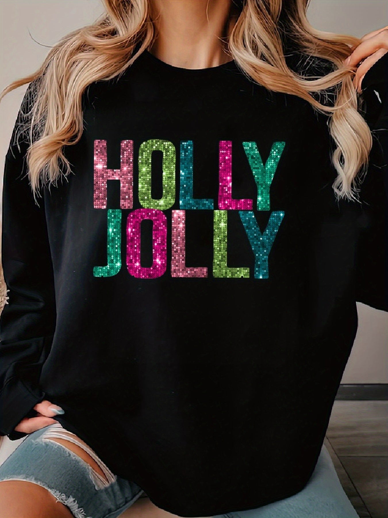 Holly Jolly Faux Sequins Glitter Christmas Gift Woman's Cozy Classic Print Pullover Sweater, Casual Long Sleeve Crew Neck Sweater For Sports
