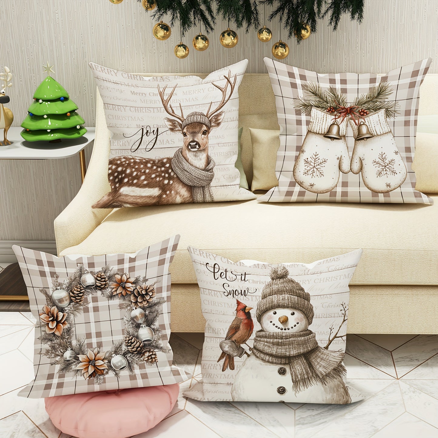 Set of 4 Christmas Velvet Throw Cushion Covers with Snowman, Deer, and Wreath Designs, Contemporary One-Sided Print Decorative Case for Farmhouse Sofa and Living Room Decor, Zipper Closure, Machine Washable - Without Inserts