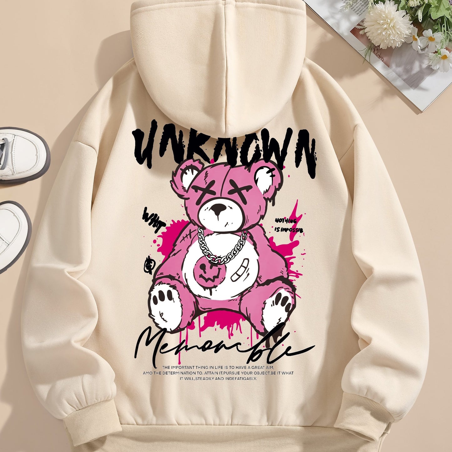 Womens Cute Cartoon Bear Print Hooded Sweatshirt - Soft Long Sleeve Drawstring Casual Wear - Trendy Comfortable Relaxed Fit for Everyday Fashion