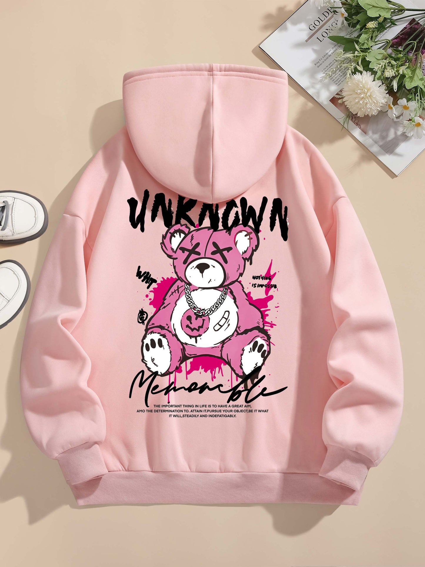 Womens Cute Cartoon Bear Print Hooded Sweatshirt - Soft Long Sleeve Drawstring Casual Wear - Trendy Comfortable Relaxed Fit for Everyday Fashion