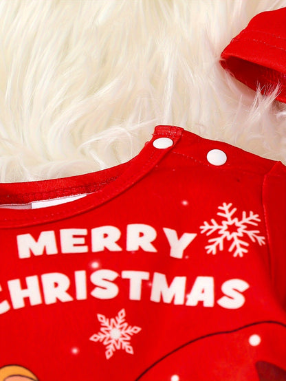 3pcs, MERRY CHRISTMAS Printed Baby Boy's Soft Long Sleeves Jumpsuit + Pants + Hat Set For Everyday & Outdoors, Autumn And Winter Essential, Ideal Gift