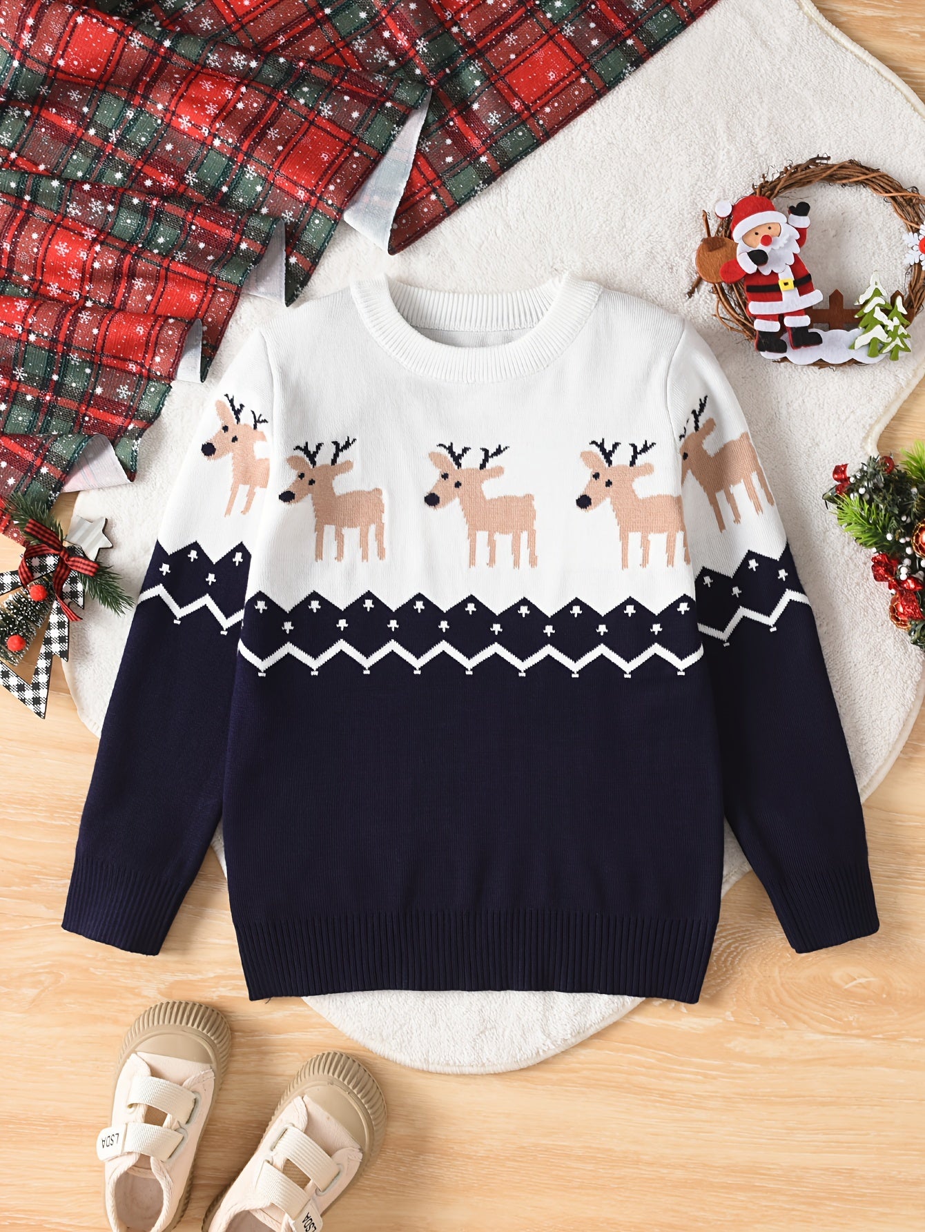 Boys' Festive Reindeer Christmas Sweater - Cozy Knit Pullover for Spring, Fall & Winter