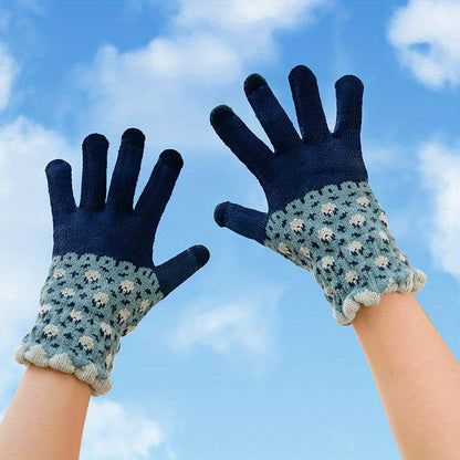 Full Finger Windproof Knit Gloves For Women, Floral Print Touch Screen Winter Cycling Gloves